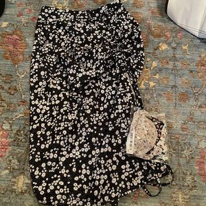 NWOT XS midi black floral skirt with side rouching adjustable slit w/ 3 bandanas